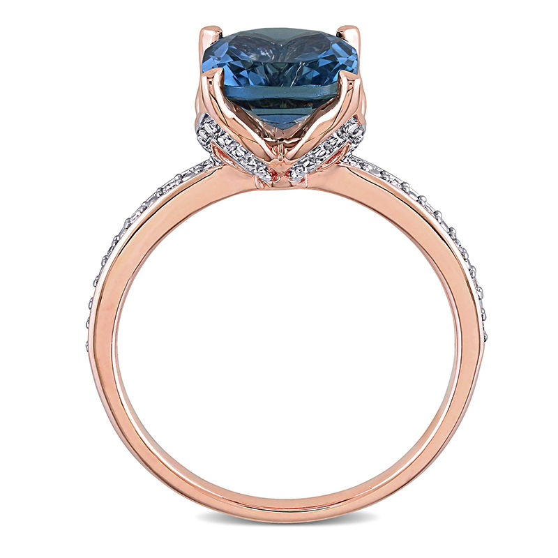 8.0mm Cushion-Cut London Blue Topaz and 0.06 CT. T.W. Diamond Beaded Floral-Set Ring in 10K Rose Gold