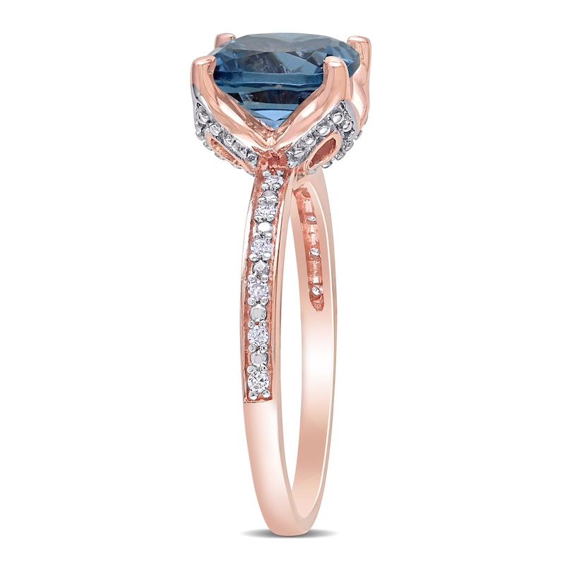 Main Image 3 of 8.0mm Cushion-Cut London Blue Topaz and 0.06 CT. T.W. Diamond Beaded Floral-Set Ring in 10K Rose Gold