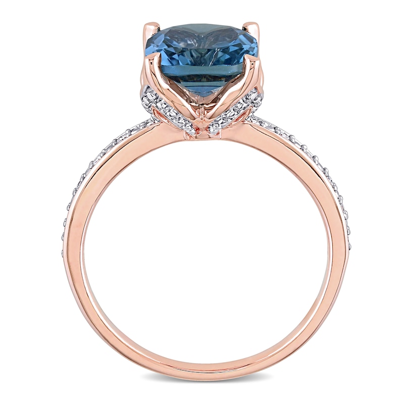Main Image 4 of 8.0mm Cushion-Cut London Blue Topaz and 0.06 CT. T.W. Diamond Beaded Floral-Set Ring in 10K Rose Gold