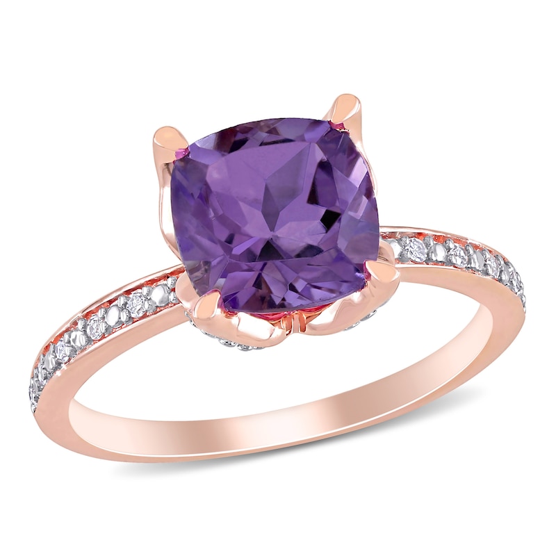 8.0mm Cushion-Cut Amethyst and 0.06 CT. T.W. Diamond Beaded Floral-Set Ring in 10K Rose Gold