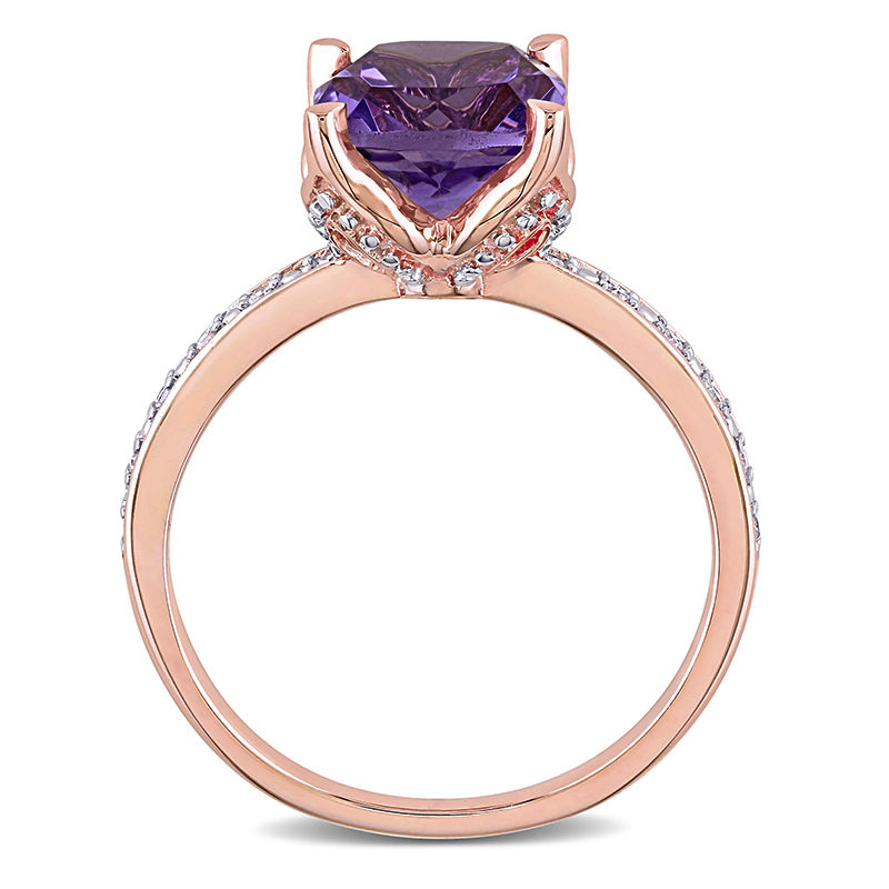 8.0mm Cushion-Cut Amethyst and 0.06 CT. T.W. Diamond Beaded Floral-Set Ring 10K Rose Gold