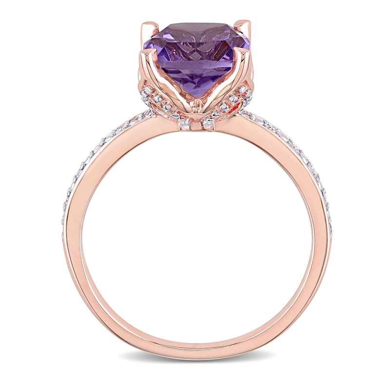 8.0mm Cushion-Cut Amethyst and 0.06 CT. T.W. Diamond Beaded Floral-Set Ring in 10K Rose Gold