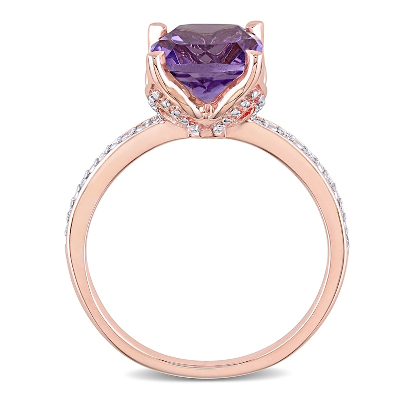 8.0mm Cushion-Cut Amethyst and 0.06 CT. T.W. Diamond Beaded Floral-Set Ring in 10K Rose Gold