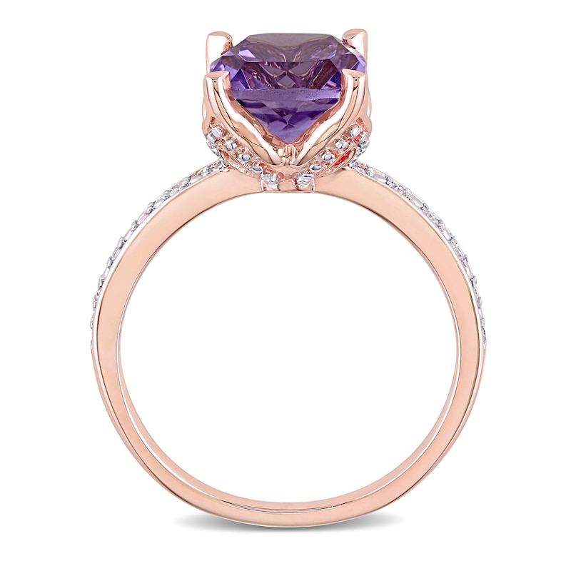 8.0mm Cushion-Cut Amethyst and 0.06 CT. T.W. Diamond Beaded Floral-Set Ring in 10K Rose Gold|Peoples Jewellers