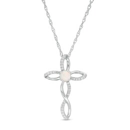4.0mm Lab-Created Opal and 0.087 CT. T.W. Diamond Twisted Cross Pendant in Sterling Silver