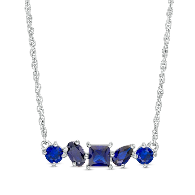 Main Image 1 of Multi-Shape Lab-Created Blue Sapphire Five Stone Bar Necklace in Sterling Silver