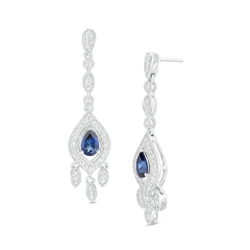 Pear-Shaped Lab-Created Blue and White Sapphire Marquise Frame Vintage-Style Chandelier Drop Earrings in Sterling Silver