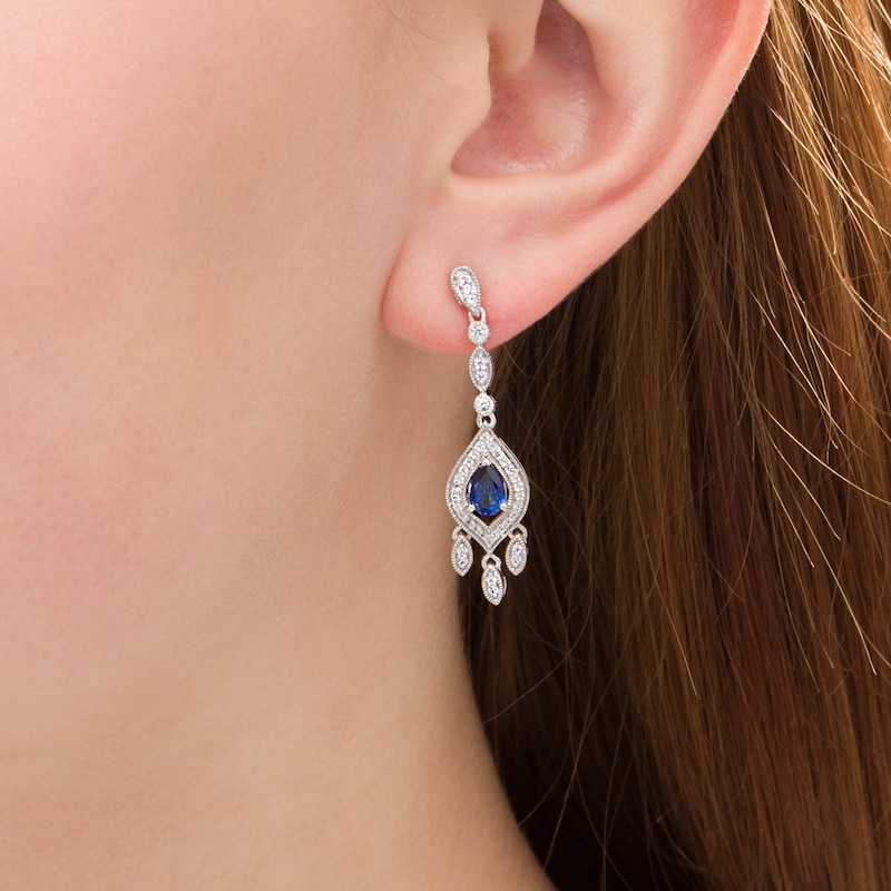 Pear-Shaped Lab-Created Blue and White Sapphire Marquise Frame Vintage-Style Chandelier Drop Earrings in Sterling Silver