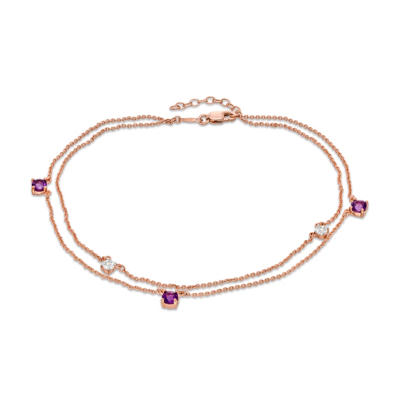 4.0mm Amethyst and White Topaz Station Double Strand Anklet in Sterling Silver with 14K Rose Gold Plate - 10"