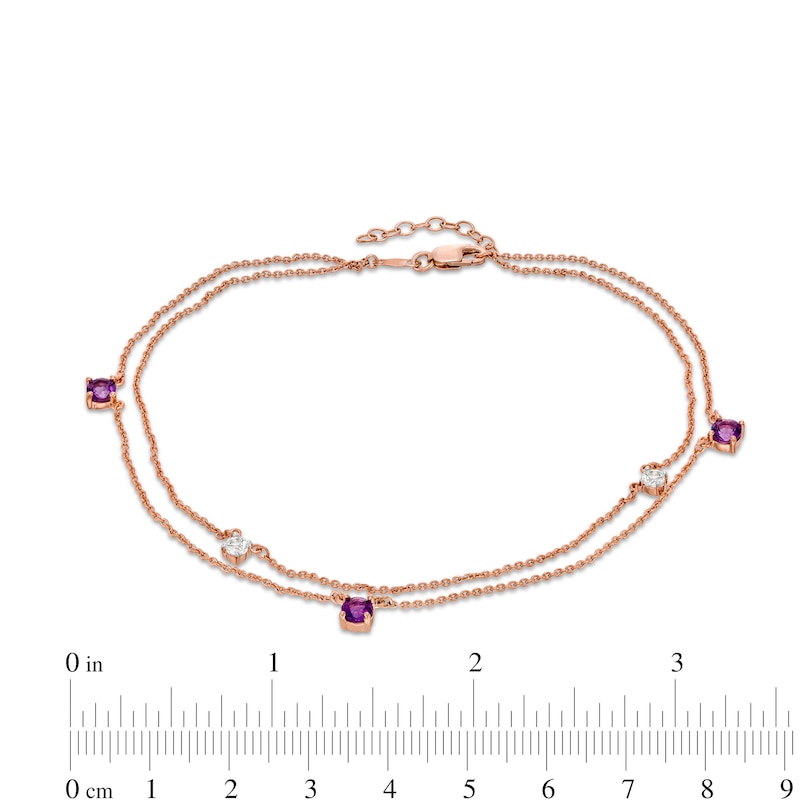 4.0mm Amethyst and White Topaz Station Double Strand Anklet in Sterling Silver with 14K Rose Gold Plate - 10"