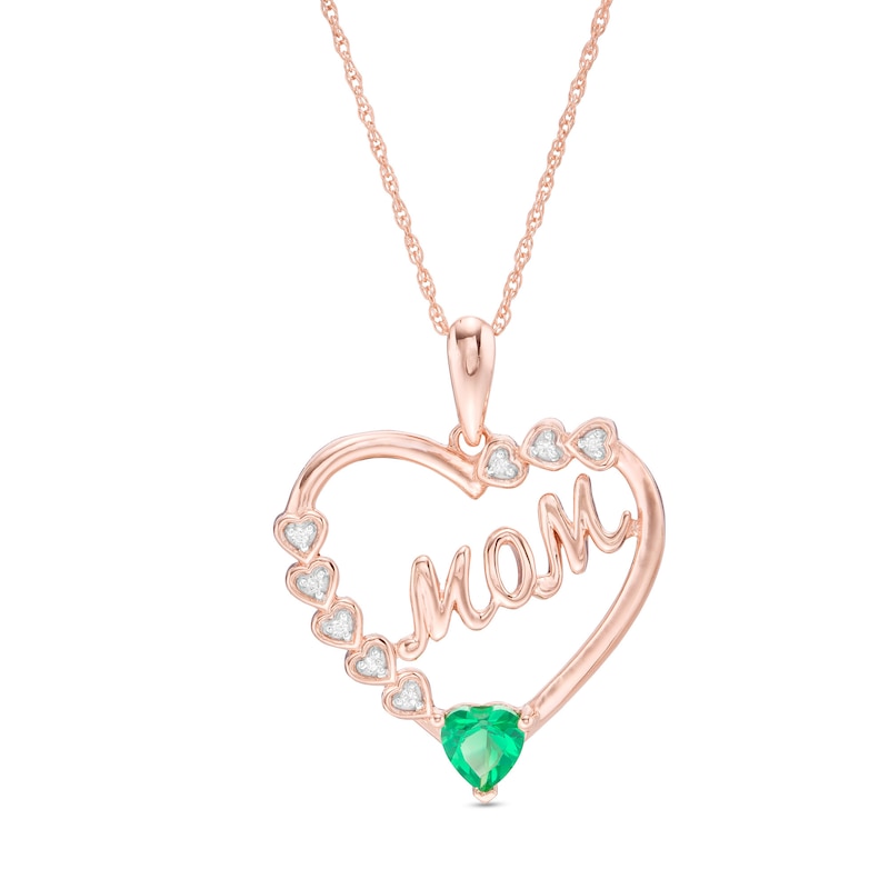 4.0mm Lab-Created Emerald and White Sapphire "MOM" Heart Frame Pendant in Sterling Silver with 14K Rose Gold Plate