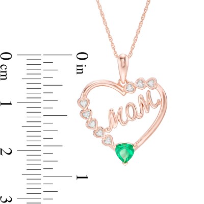 4.0mm Lab-Created Emerald and White Sapphire "MOM" Heart Frame Pendant in Sterling Silver with 14K Rose Gold Plate