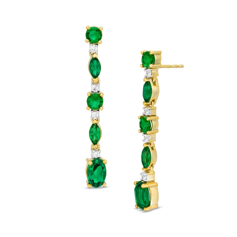 Multi-Shape Lab-Created Emerald and White Sapphire Linear Drop Earrings in Sterling Silver with 14K Gold Plate|Peoples Jewellers