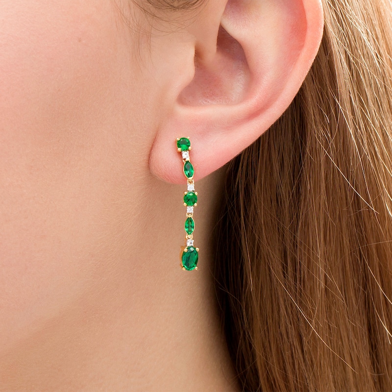 Multi-Shape Lab-Created Emerald and White Sapphire Linear Drop Earrings in Sterling Silver with 14K Gold Plate|Peoples Jewellers