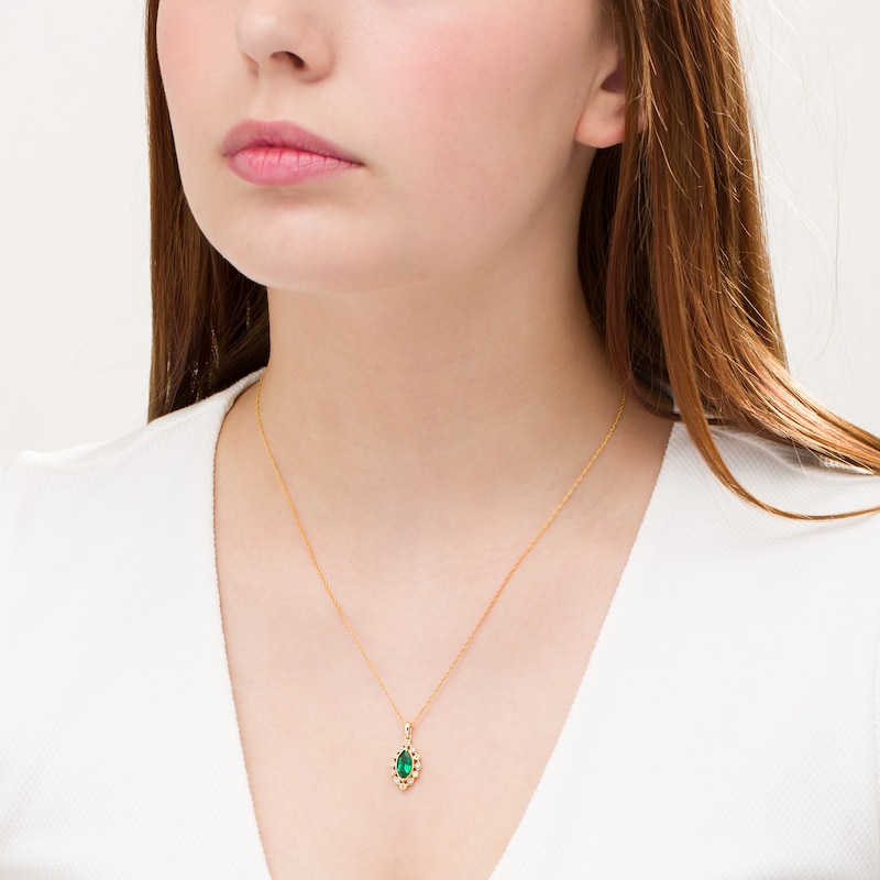 Marquise Lab-Created Emerald and White Sapphire Frame Vintage-Style Drop Pendant in Sterling Sliver with 14K Gold Plate
