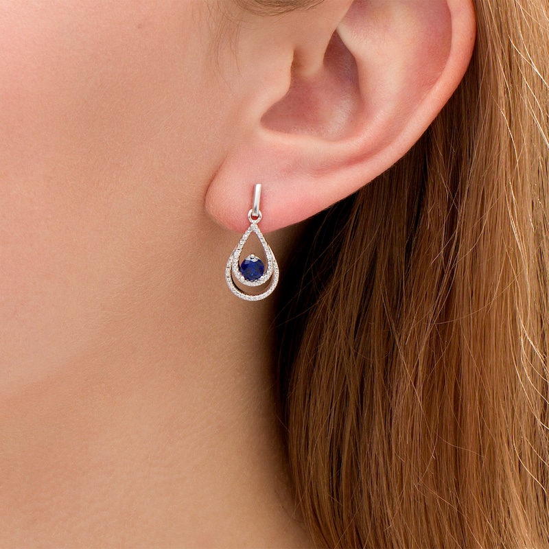 Main Image 2 of 4.6mm Lab-Created Blue Sapphire and Diamond Accent Beaded Open Double Teardrop Earrings in Sterling Silver