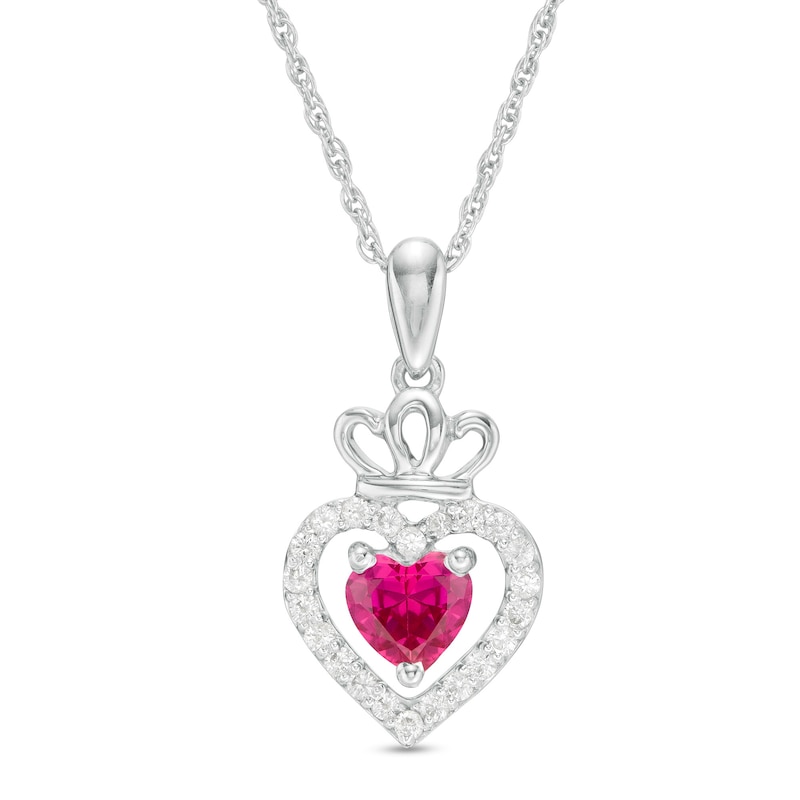 Main Image 1 of 5.0mm Lab-Created Ruby and White Sapphire Frame Double Heart with Crown Drop Pendant in Sterling Silver