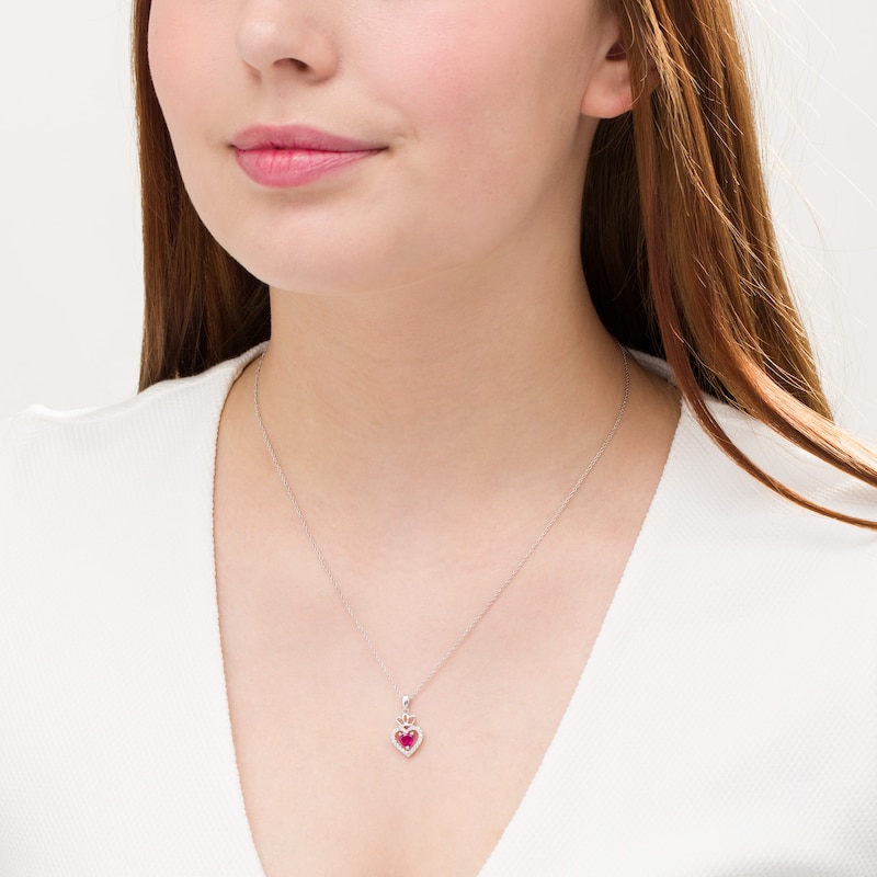 Main Image 2 of 5.0mm Lab-Created Ruby and White Sapphire Frame Double Heart with Crown Drop Pendant in Sterling Silver