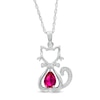 Thumbnail Image 0 of Pear-Shaped Lab-Created Ruby and 0.04 CT. T.W. Diamond Cat with Bow Tie Drop Pendant in Sterling Silver