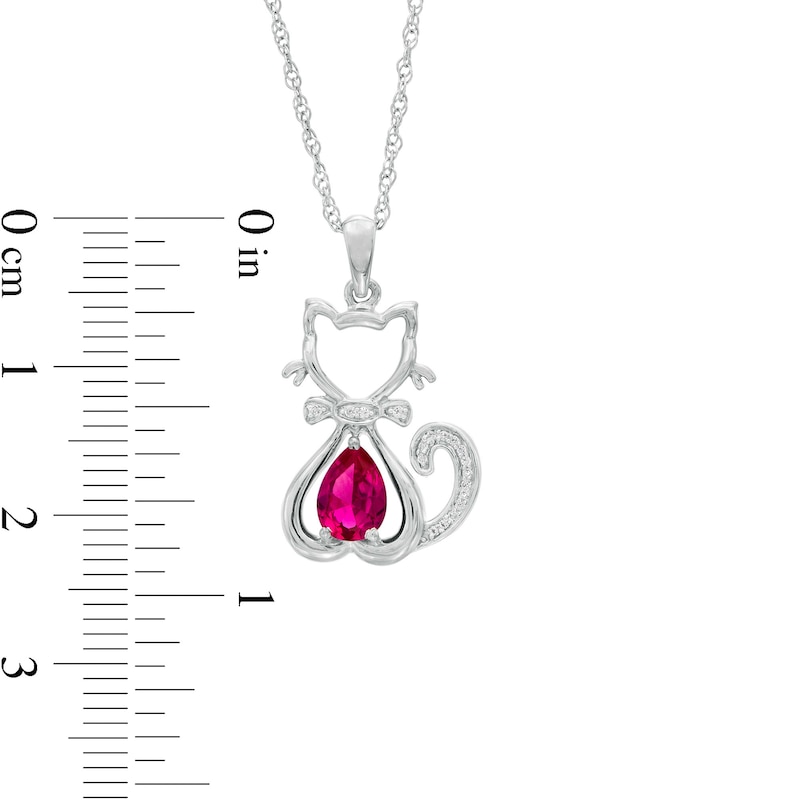 Pear-Shaped Lab-Created Ruby and 0.04 CT. T.W. Diamond Cat with Bow Tie Drop Pendant in Sterling Silver