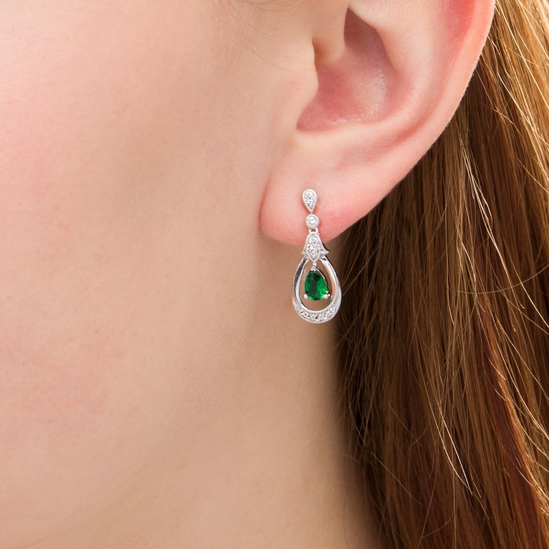Main Image 2 of Pear-Shaped Lab-Created Emerald and White Sapphire Open Frame Vintage-Style Drop Earrings in Sterling Silver
