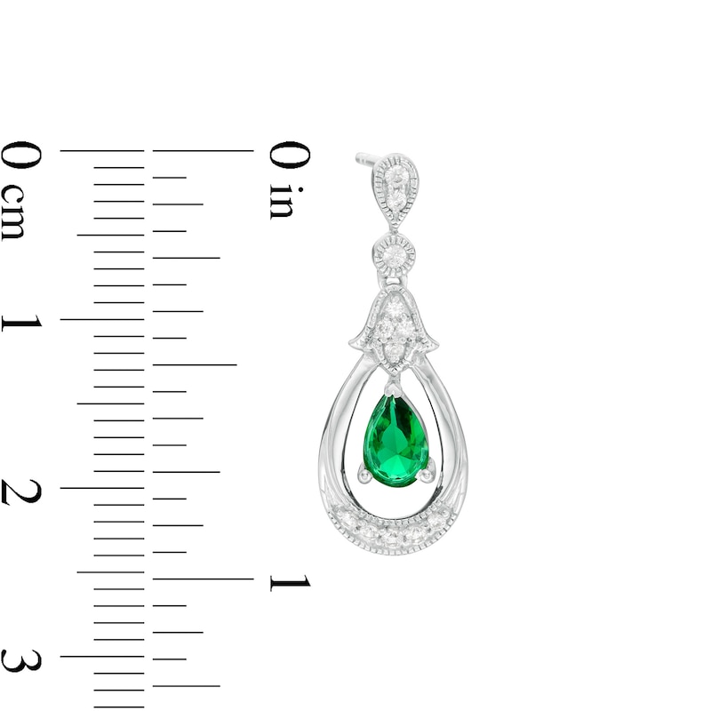 Main Image 3 of Pear-Shaped Lab-Created Emerald and White Sapphire Open Frame Vintage-Style Drop Earrings in Sterling Silver