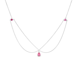 Pear-Shaped and Round Lab-Created Ruby Three Stone Chandelier Anklet in Sterling Silver - 10"