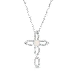 4.0mm Lab-Created Opal and 0.087 CT. T.W. Diamond Twisted Cross Pendant in Sterling Silver