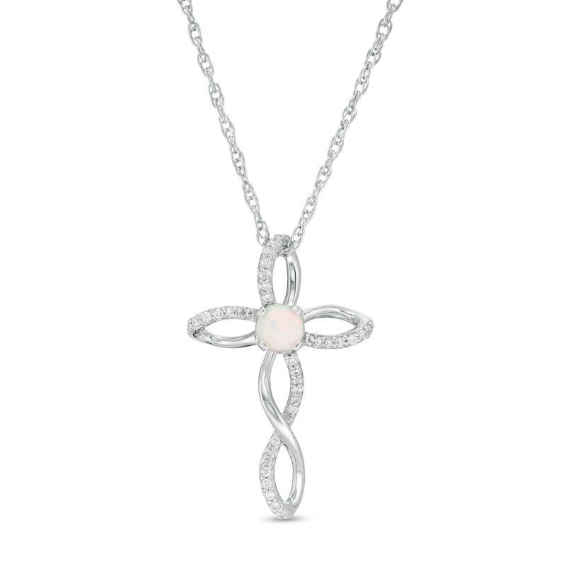 4.0mm Lab-Created Opal and 0.087 CT. T.W. Diamond Twisted Cross Pendant in Sterling Silver