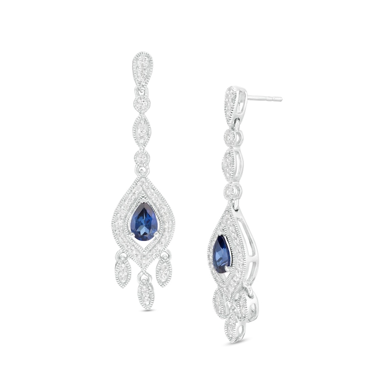 Pear-Shaped Lab-Created Blue and White Sapphire Marquise Frame Vintage-Style Chandelier Drop Earrings in Sterling Silver