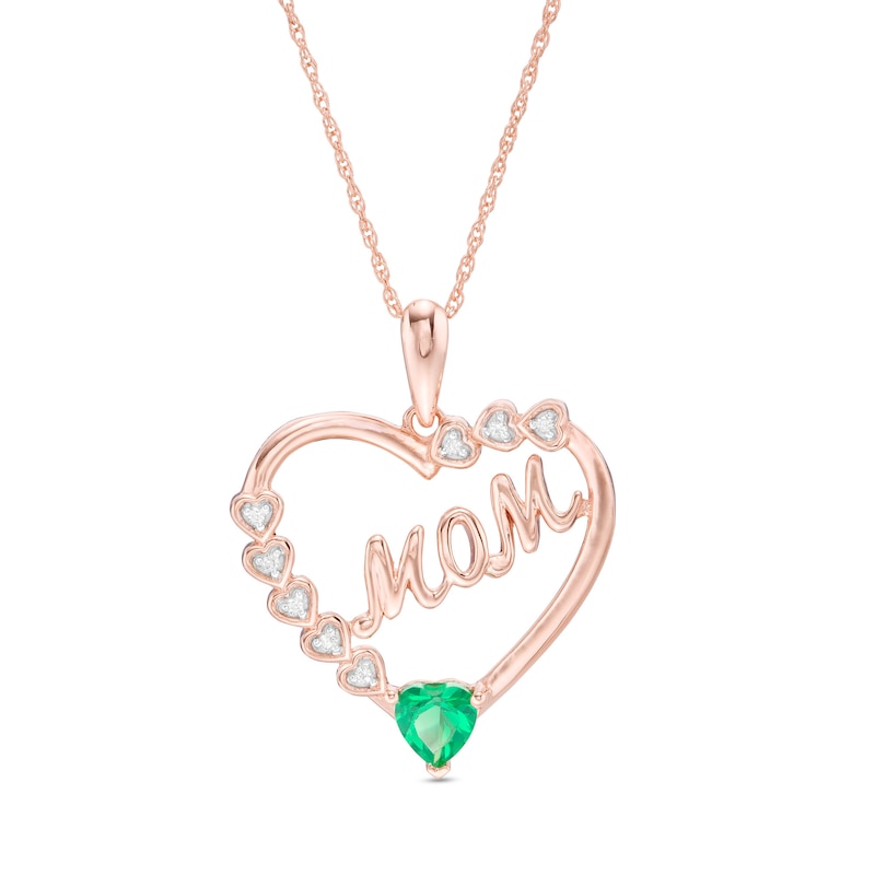 4.0mm Lab-Created Emerald and White Sapphire "MOM" Heart Frame Pendant in Sterling Silver with 14K Rose Gold Plate