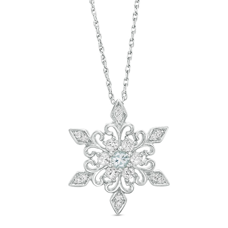 3.0mm Aquamarine and Lab-Created White Sapphire Snowflake Pendant in Sterling Silver