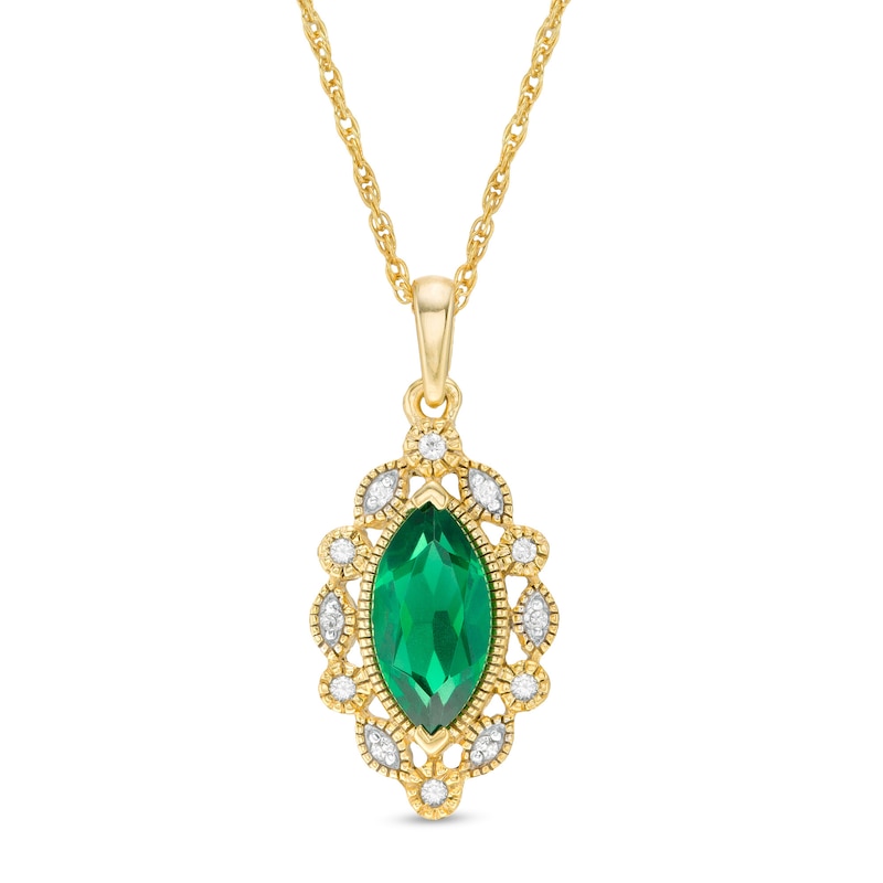 Marquise Lab-Created Emerald and White Sapphire Frame Vintage-Style Drop Pendant in Sterling Sliver with 14K Gold Plate
