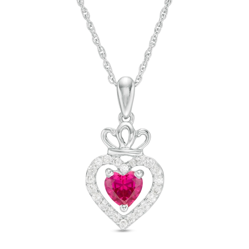 5.0mm Lab-Created Ruby and White Sapphire Frame Double Heart with Crown Drop Pendant in Sterling Silver