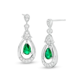 Pear-Shaped Lab-Created Emerald and White Sapphire Open Frame Vintage-Style Drop Earrings in Sterling Silver