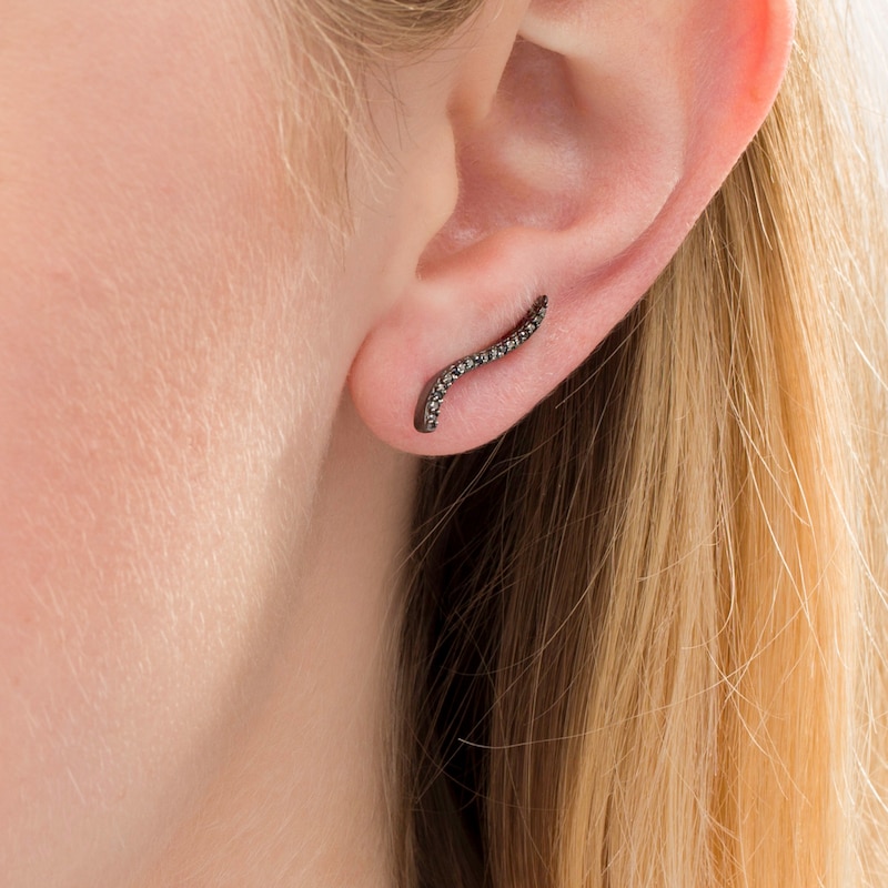 Main Image 2 of 0.04 CT. T.W. Black Diamond Curve Crawler Earrings in 10K White Gold with Black Rhodium