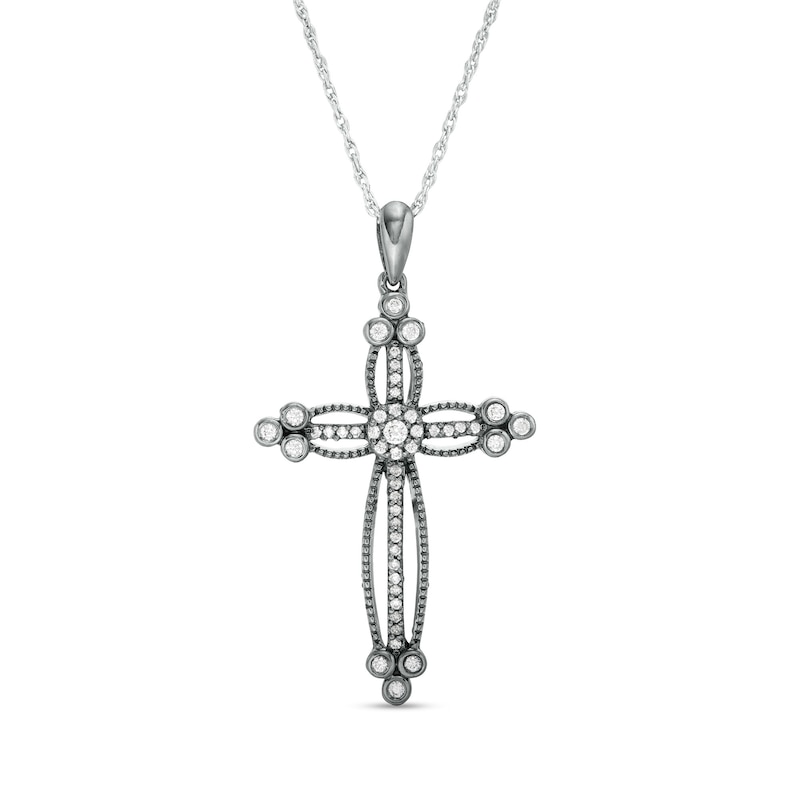 0.18 CT. T.W. Diamond Beaded Cross Pendant in Sterling Silver with Black Rhodium