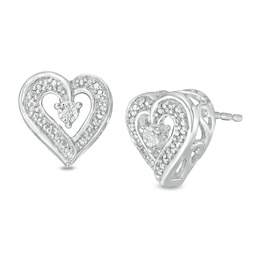 Diamond Accent Beaded Heart Stud Earrings in Sterling Silver