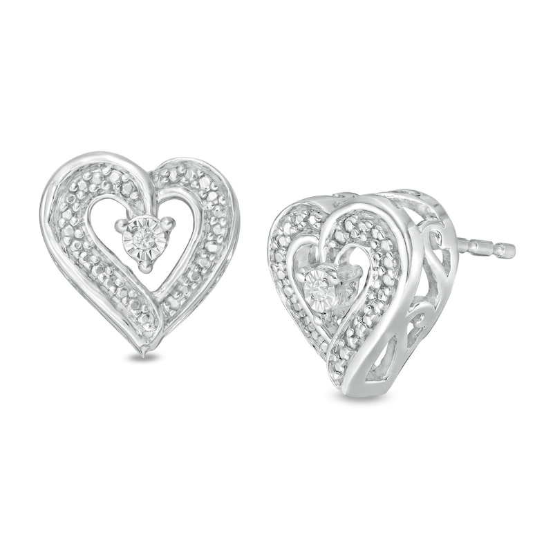 Diamond Accent Beaded Heart Stud Earrings in Sterling Silver|Peoples Jewellers