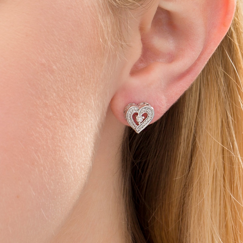 Diamond Accent Beaded Heart Stud Earrings in Sterling Silver