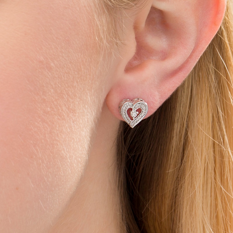 Diamond Accent Beaded Heart Stud Earrings in Sterling Silver|Peoples Jewellers