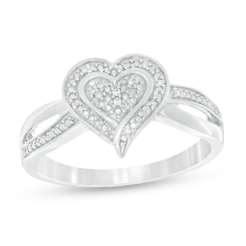 Diamond Accent Beaded Heart Split Shank Ring in Sterling Silver|Peoples Jewellers