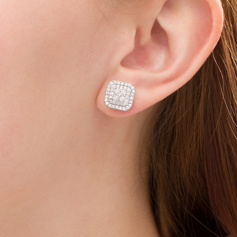 Main Image 2 of 1.23 CT. T.W. Cushion-Shaped Multi-Diamond Frame Stud Earrings in 10K White Gold