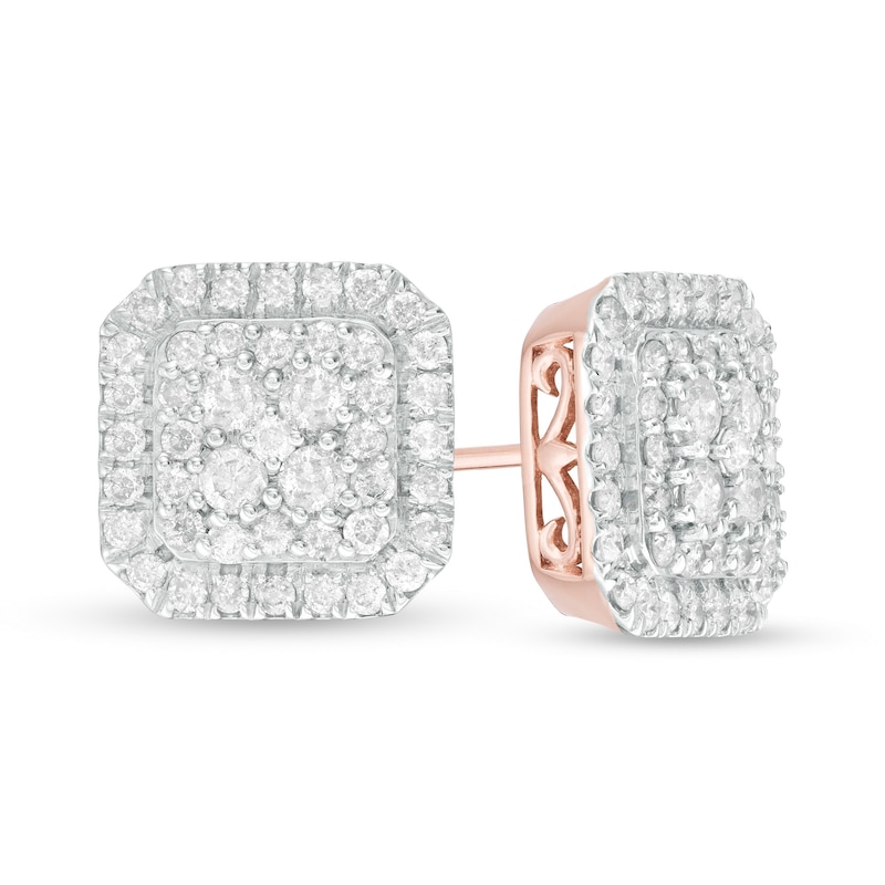 1.23 CT. T.W. Multi-Diamond Cushion Frame Stud Earrings in 10K Rose Gold