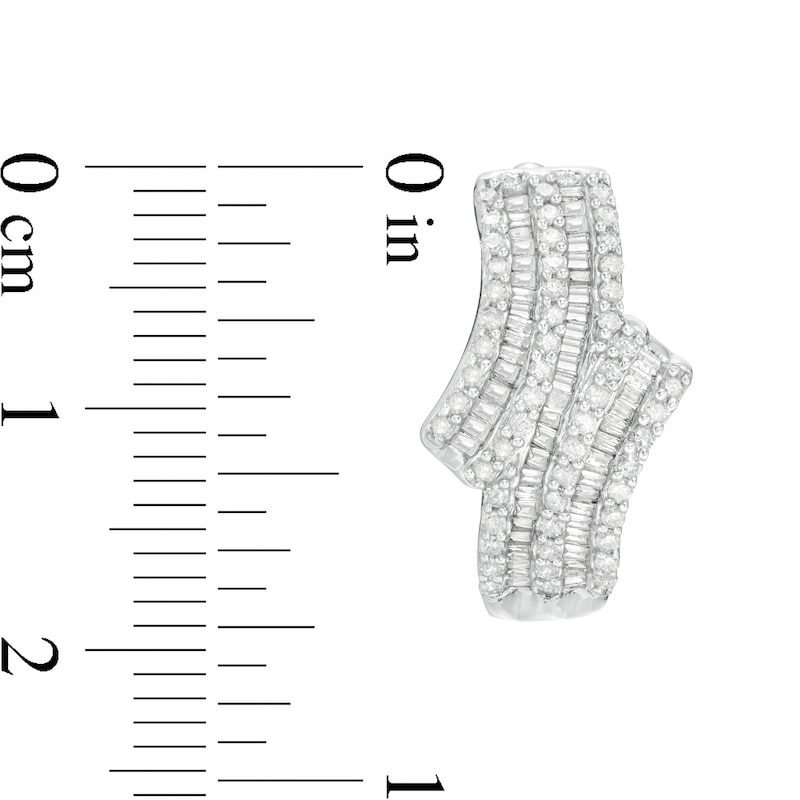 1.23 CT. T.W. Baguette and Round Diamond Multi-Row Bypass Hoop Earrings in 10K White Gold