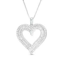 0.95 CT. T.W. Baguette and Round Diamond Double Row Heart Pendant in 10K White Gold