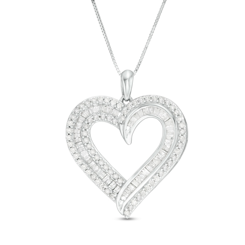 0.95 CT. T.W. Baguette and Round Diamond Double Row Heart Pendant in 10K White Gold