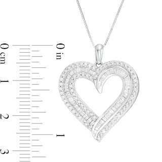 0.95 CT. T.W. Baguette and Round Diamond Double Row Heart Pendant in 10K Gold