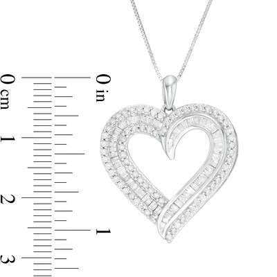 0.95 CT. T.W. Baguette and Round Diamond Double Row Heart Pendant in 10K Gold