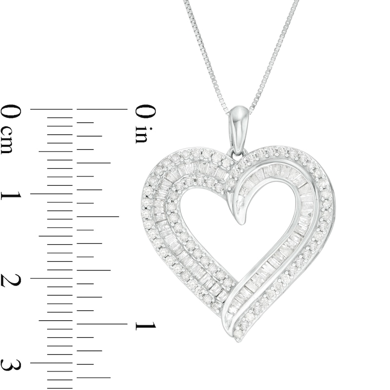 0.95 CT. T.W. Baguette and Round Diamond Double Row Heart Pendant in 10K White Gold